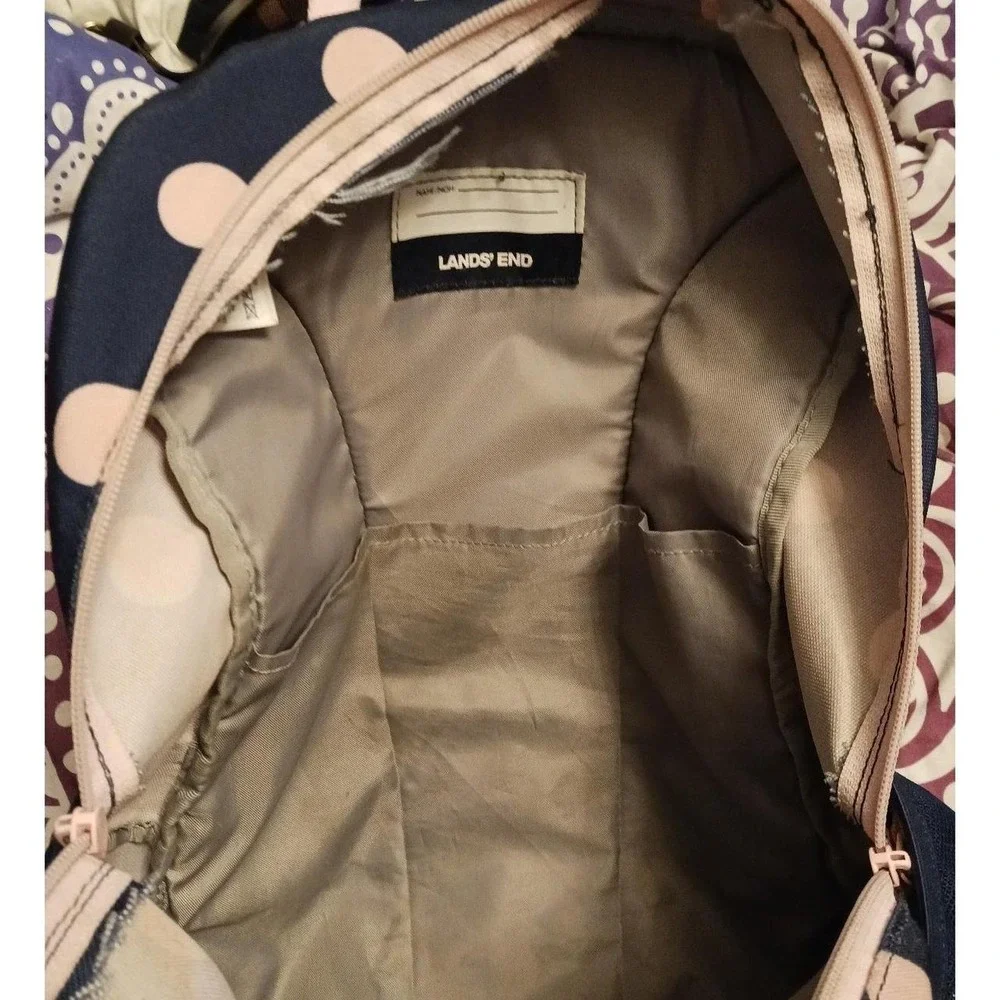 Lands' End Navy Blue & Pink Polka Dot Full Size Backpack